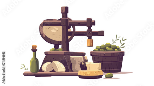 A digital illustration depicting a rustic wooden cheese press, a basket of olives, a bottle of olive oil, and various types of cheese. The style is cartoonish or flat vector illustration with a