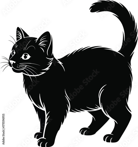 Sleek black cat with curious eyes and arched tail stands alertly, a classic silhouette.