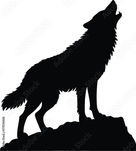 Majestic wolf silhouette howling at the moonlit sky from a rocky outcrop
