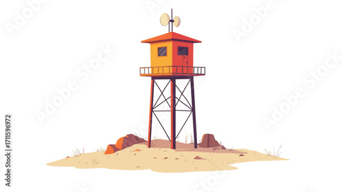 A digital illustration depicting a stylized lifeguard tower situated on a small sandy dune. The tower is a simple structure with a red and orange color scheme, featuring a small platform and a