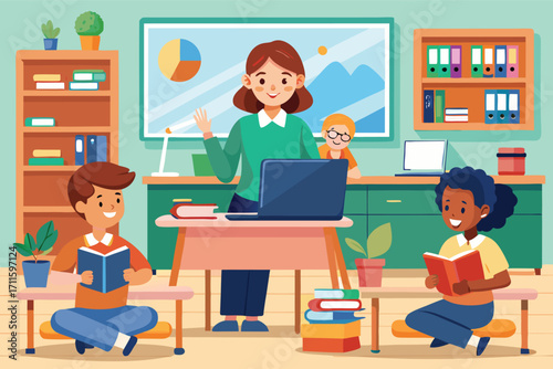 Teacher engages with students in classroom setting promoting learning and creativity