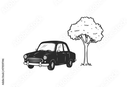 Vintage black car beside tree in minimalist black and white drawing - stock vector
