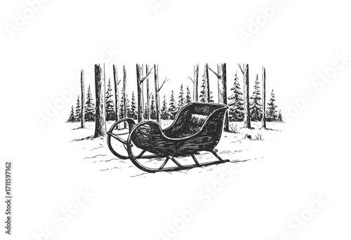 Vintage sleigh in snowy forest with pine trees and bare branches - stock vector