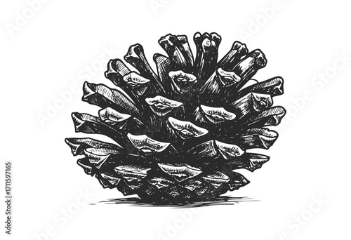 Detailed black and white illustration of a pine cone on a - stock vector