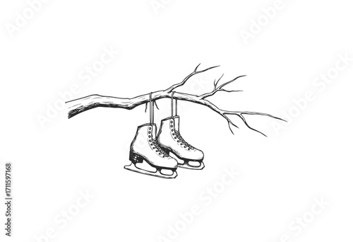 Hanging ice skates on bare tree branch: black and white illustration - stock vector