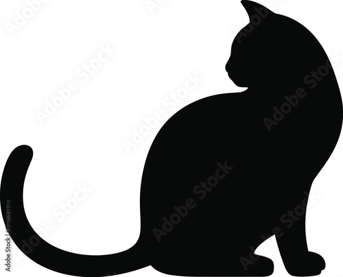 Sleek black cat silhouette sitting calmly, isolated on a white background.