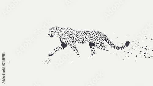 The image is a stylized illustration of a cheetah in motion.  The cheetah is depicted in a minimalist style, rendered using small dots or particles that create the impression of movement and