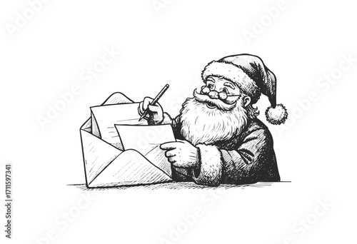 Santa claus writing letters illustration: jolly christmas scene with elderly caucasian male - stock vector