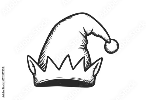 Hand-drawn santa hat with pom-pom and crown details in black and white - stock vector