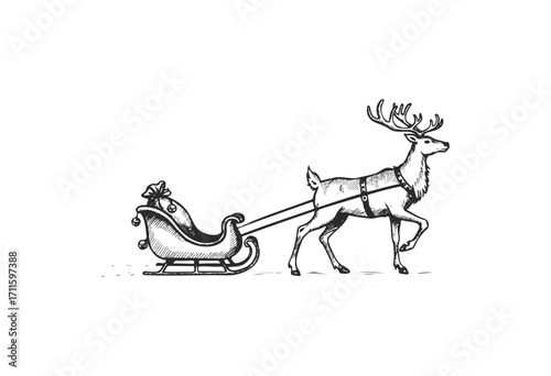 Reindeer pulling santa's sleigh with gift bag in vintage christmas illustration - stock vector