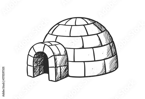 Black and white hand-drawn igloo illustration - stock vector