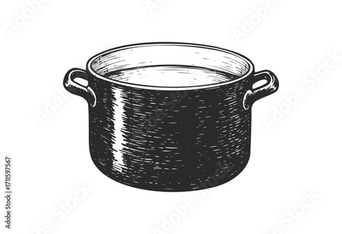 Vintage black and white illustration of a cooking pot with handles - stock vector