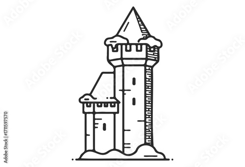 Snow-covered medieval tower with steep roofs and tall structure in winter scene - stock vector