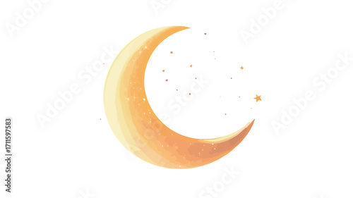 A digital illustration depicting a golden crescent moon against a white background. The moon is rendered in a watercolor or painted style with a soft, slightly textured appearance. 