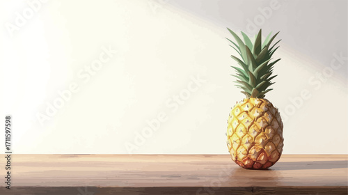 The image shows a single ripe pineapple positioned on a light brown wooden surface. The background is a plain white wall with a subtle sunlight effect casting a soft shadow