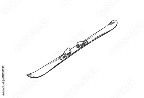 Detailed black and white illustration of a ski with binding components - stock vector
