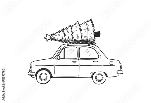 Vintage car with christmas tree illustration on roof - stock vector