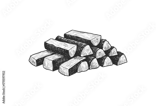 Hand-drawn firewood illustration: detailed log stack design in black and white - stock vector