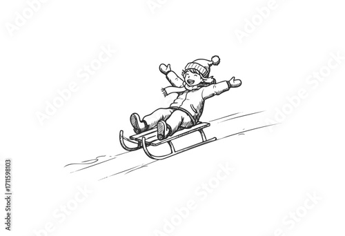 Joyful caucasian child sledding downhill in winter gear - stock vector