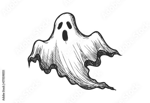 Hand-drawn ghost sketch with flowing sheet and dark eyes - stock vector