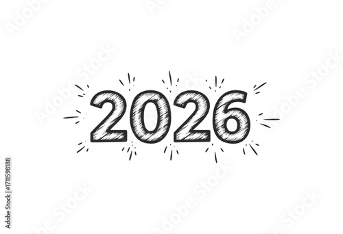 Bold 2026 typography with celebratory elements in sketch style - stock vector
