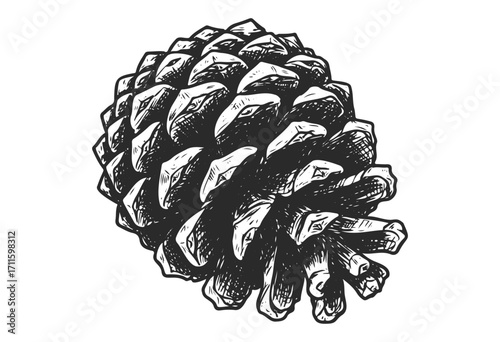 Detailed black and white pinecone sketch - stock vector