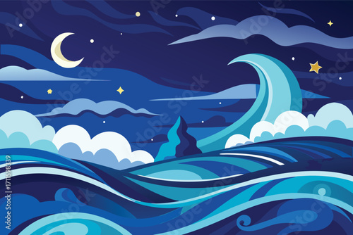 Nighttime ocean scene with waves and clouds under a starry sky