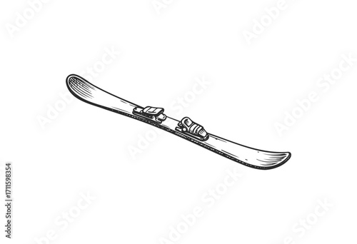 Monochrome hand-drawn snowboard illustration with ski bindings - stock vector