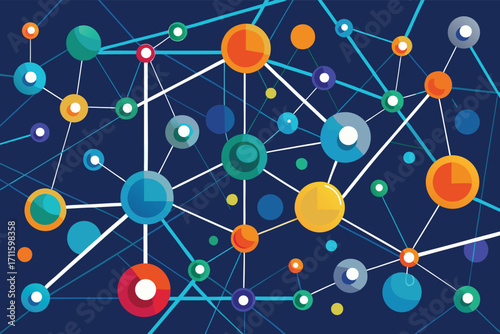 Colorful network visualization showcasing interconnected nodes and links in a digital space