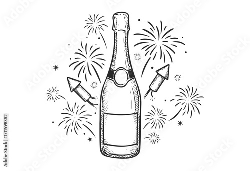 Celebratory champagne bottle with fireworks and rockets illustration - stock vector