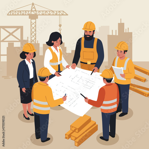 A collaborative group of construction professionals, including architects and workers, meticulously reviews detailed blueprints on an active building site.