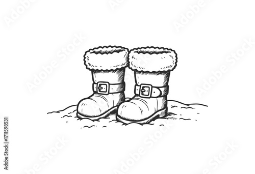 Hand-drawn winter boots with fur and buckles in snowy setting - stock vector
