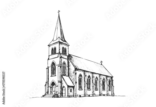 Detailed sketch of historic gothic church architecture with steeple - stock vector