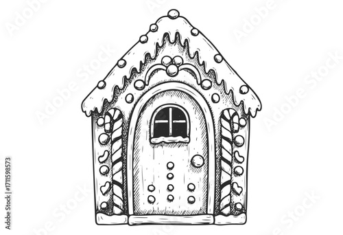 Hand-drawn gingerbread house with icing and candy decorations - stock vector