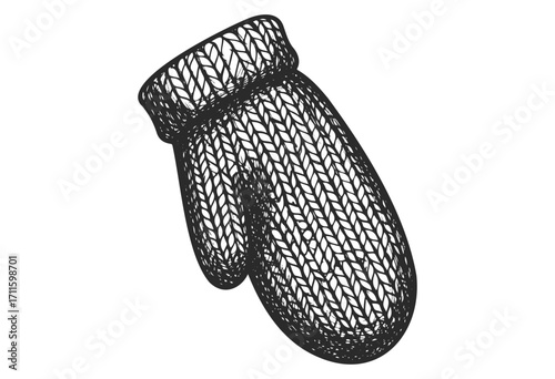 Hand-drawn black and white knitted winter mitten illustration - stock vector