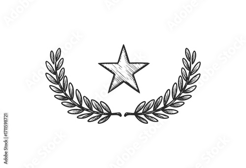 Hand-drawn laurel wreath with star sketch emblem for achievements - stock vector