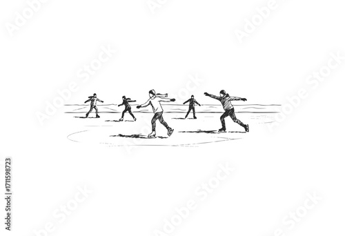 Black and white sketch of people ice skating on open rink - stock vector