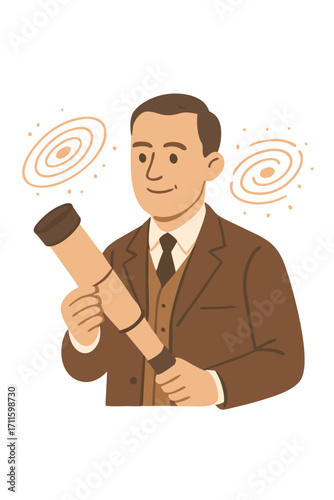 Illustration of a man with a telescope observing galaxies for astronomical discovery