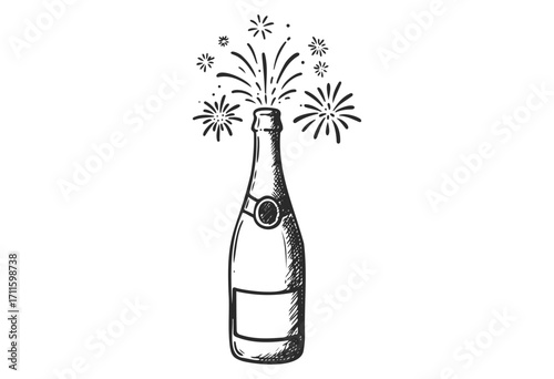 Celebratory champagne bottle with fireworks sketch - stock vector