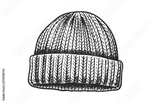 Hand-drawn knit beanie illustration black and white - stock vector