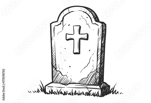 Black and white sketch of a gravestone with cross on grass - stock vector