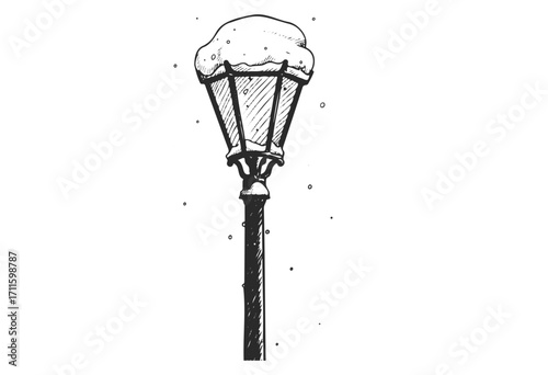 Black and white drawing of snow-covered street lamp in winter - stock vector