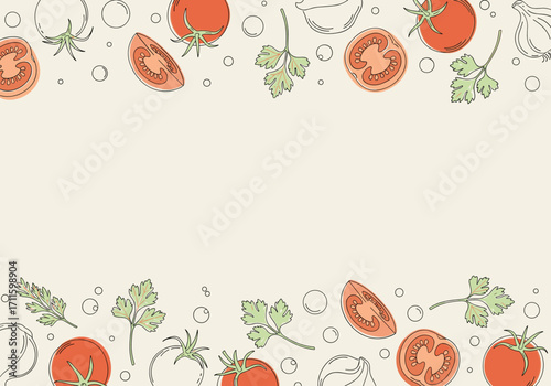 A decorative pattern of fresh tomatoes and herbs on a light background.