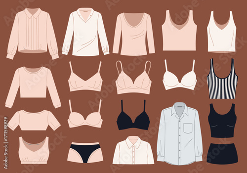 A collection of women's clothing and lingerie in muted tones.