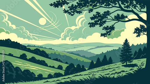 Scenic Landscape Illustration with Rolling Hills and Vibrant Sky
