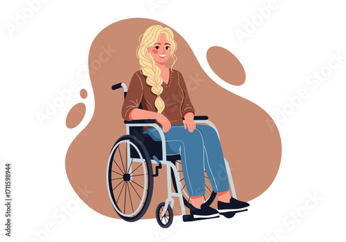 Young woman with blonde hair in a wheelchair smiling.