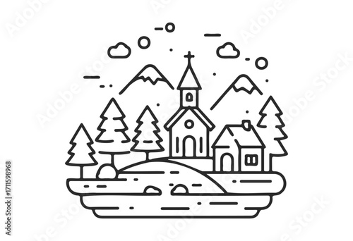 Scenic landscape with church and cottage in mountainous forest setting - stock vector