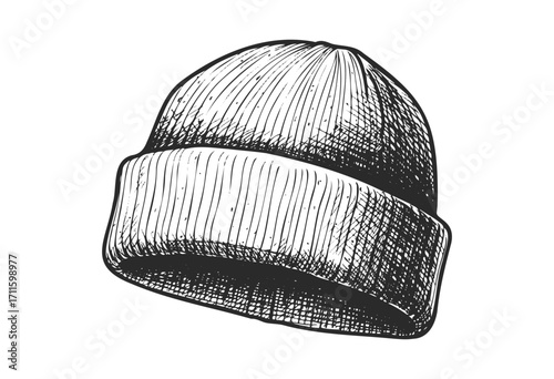 Vintage black and white beanie sketch with detailed linework - stock vector