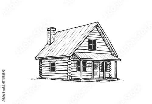 Detailed black and white sketch of a cozy wooden cabin with chimney - stock vector