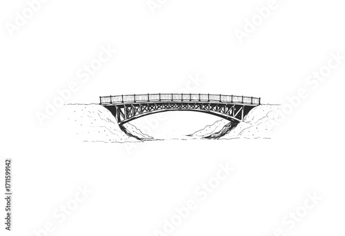 Black and white illustration of an arched bridge over a river - stock vector